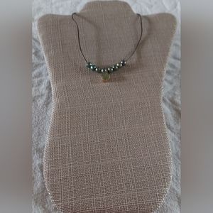 Handmade Light Green Quartz & Peacock Pearls And Brown Leather Necklace